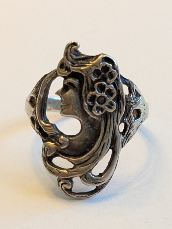 Jewelry - Art Nouveau Lady Profile Ring Sz 7 Sterling Silver Vintage Signed 925